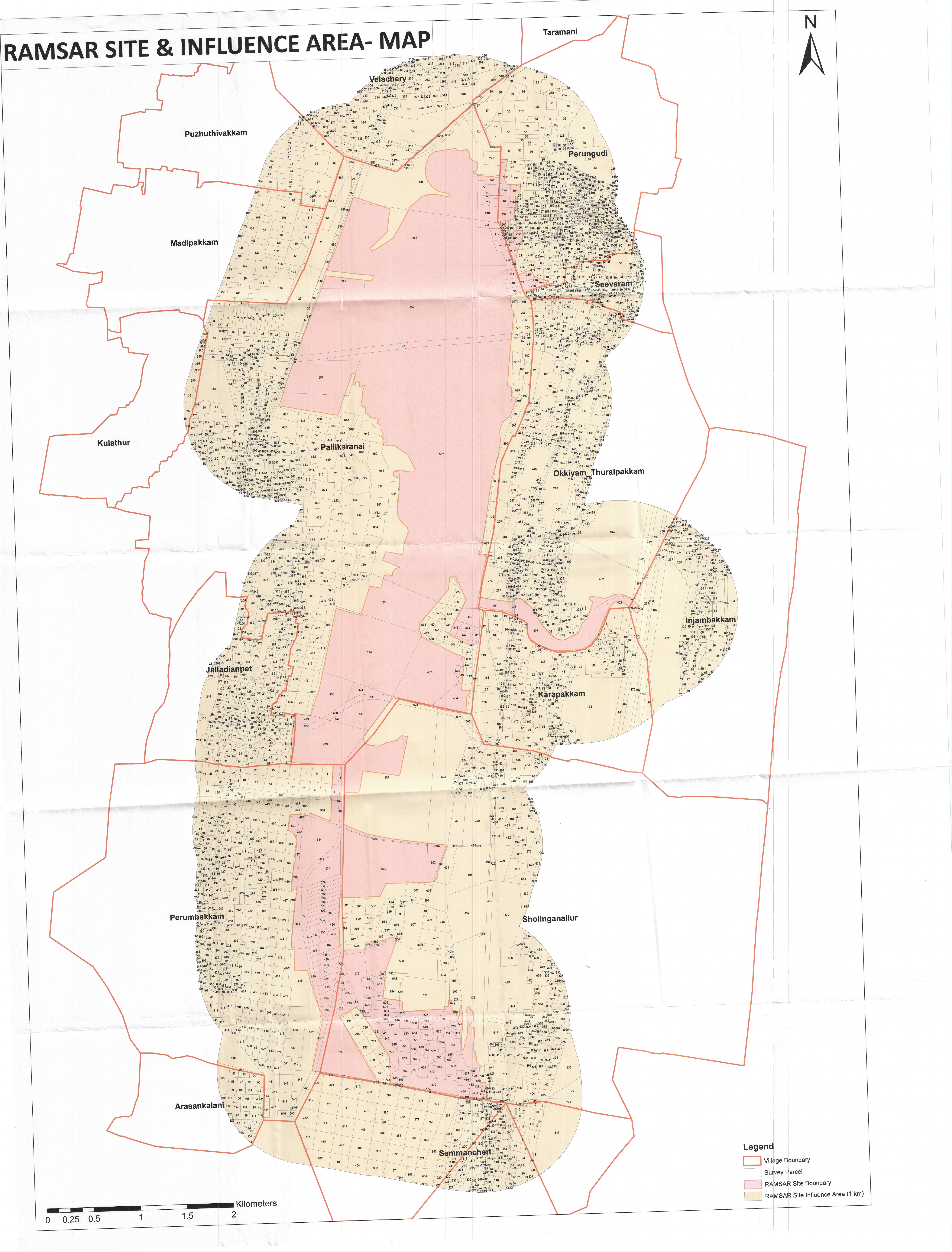 Ramsar Site and Influence Area Map showing the Pallikaranai wetland area and surrounding Chennai neighbourhoods