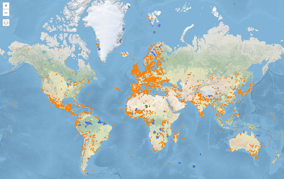World map showing wetland-related locations across multiple regions